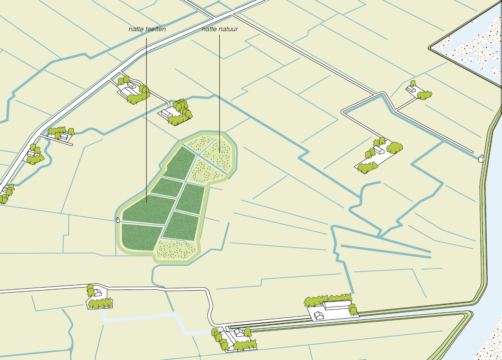 Illustratie landschap met natte teelten naast natte natuur